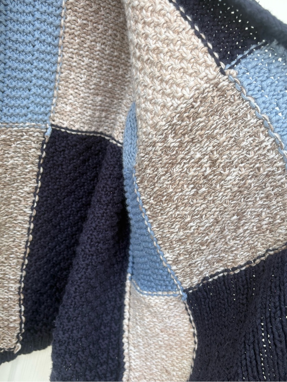 Vintage Chunky Patchwork Knit Colorblock Cardigan Sweater Blue Beige Boho - Picture 7 of 9